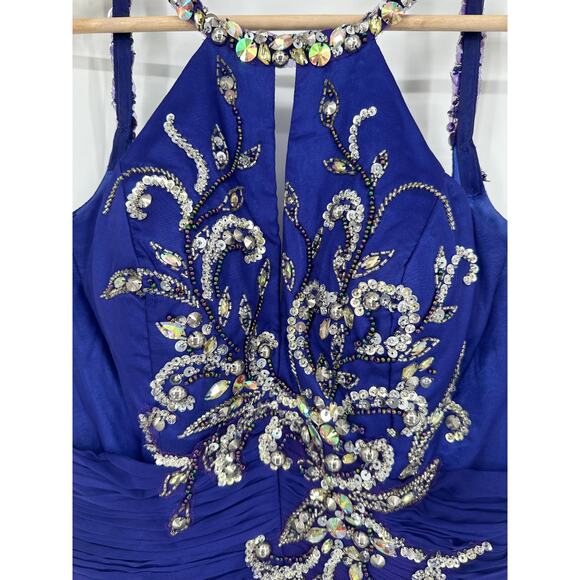 Mac Duggal Beaded Sequin Halter Maxi Prom Dress Cut-Out Open Back Sparkle Gown - Picture 5 of 13